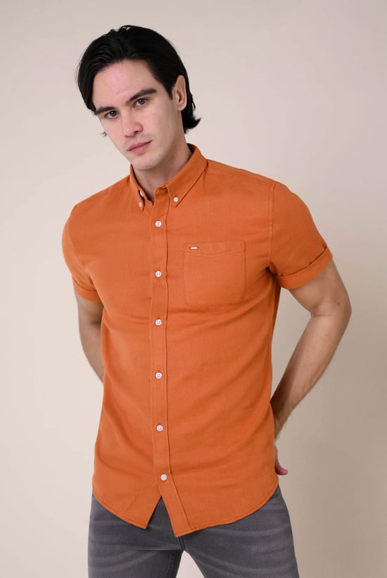 Mens Cotton Linen Roll-Up Sleeve Shirt