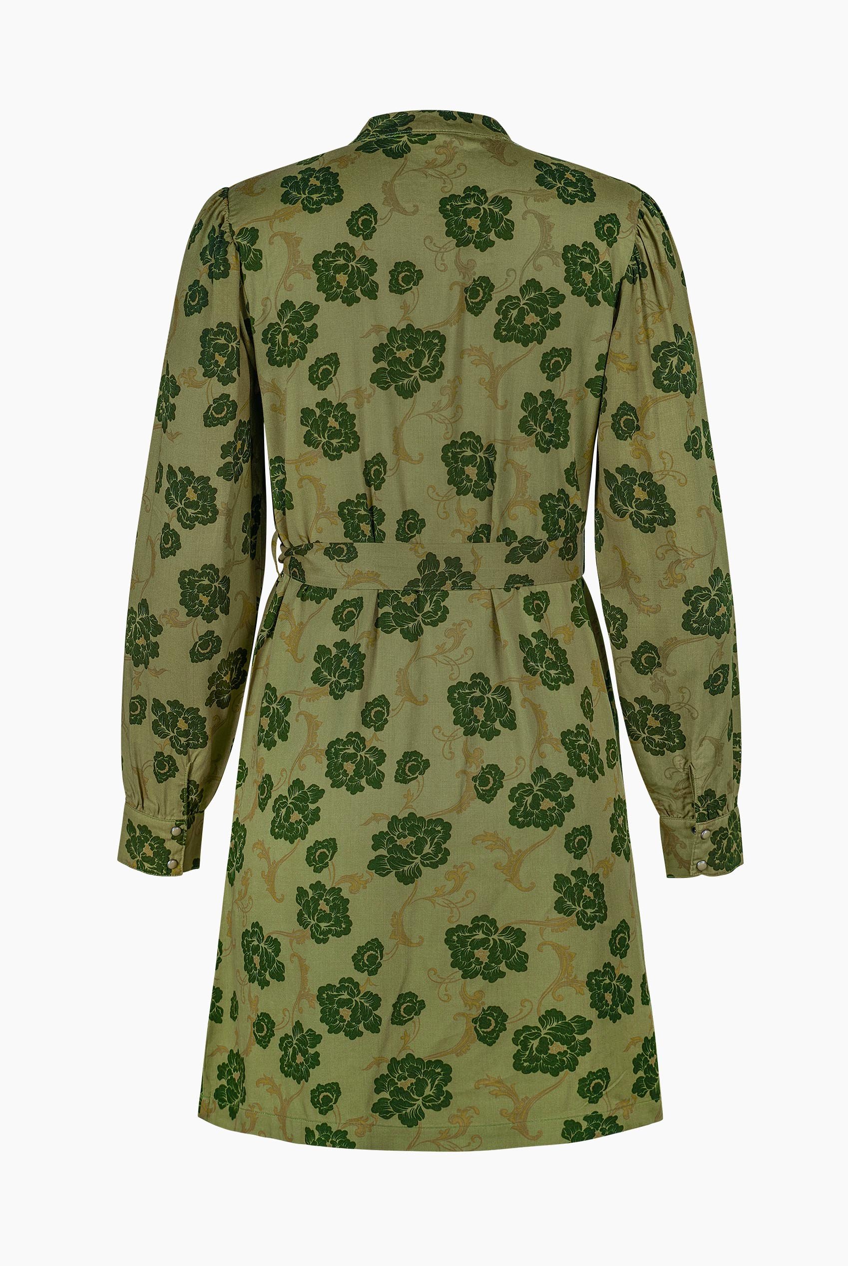 High Neck Green Floral Belted Mini Dress