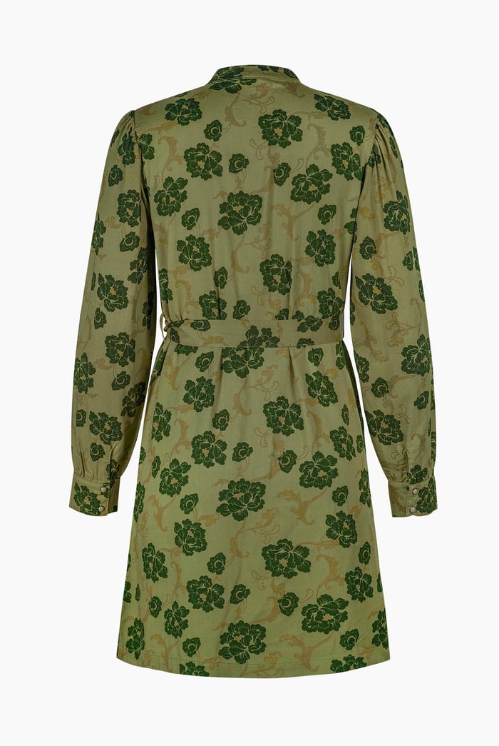High Neck Green Floral Belted Mini Dress