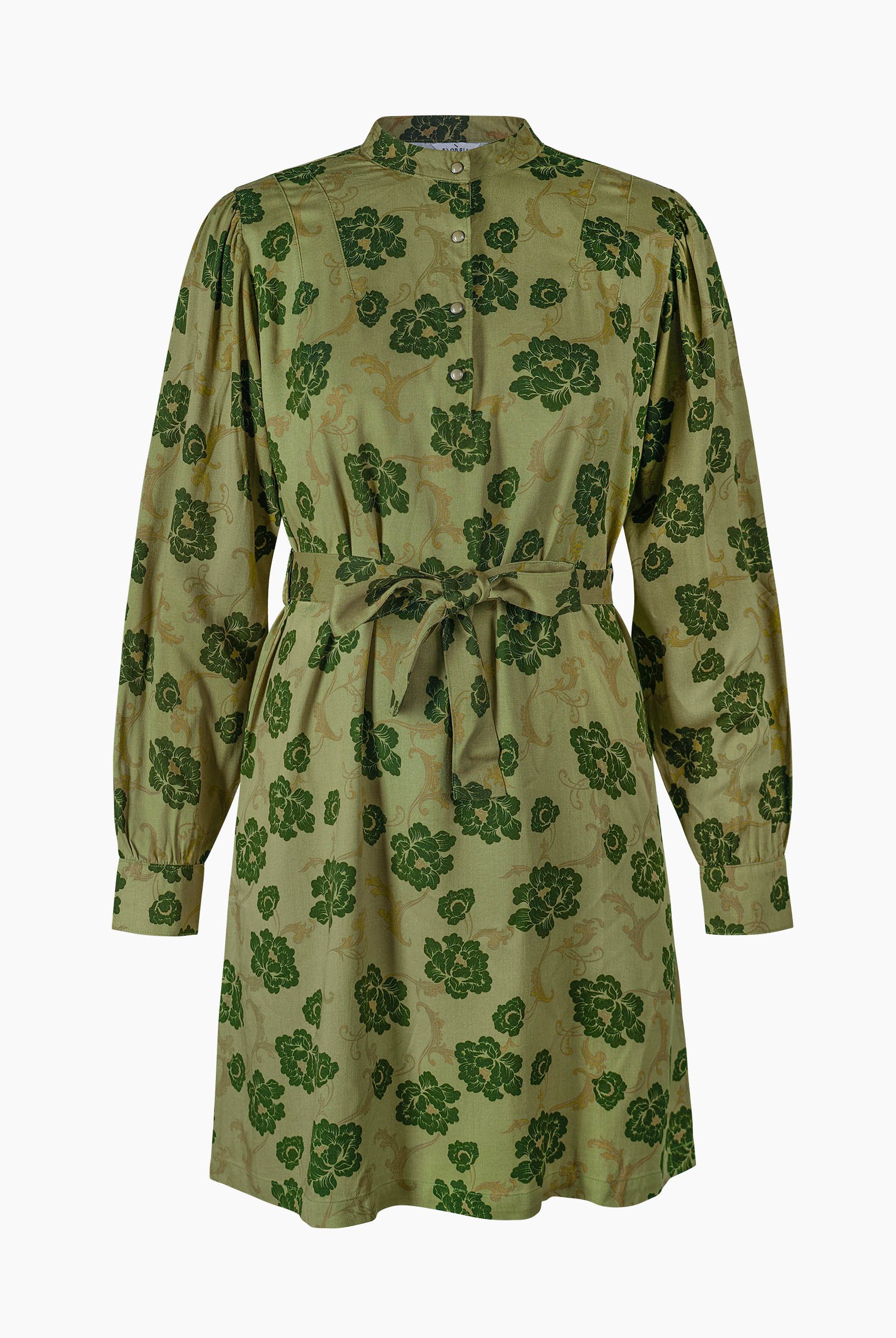 High Neck Green Floral Belted Mini Dress