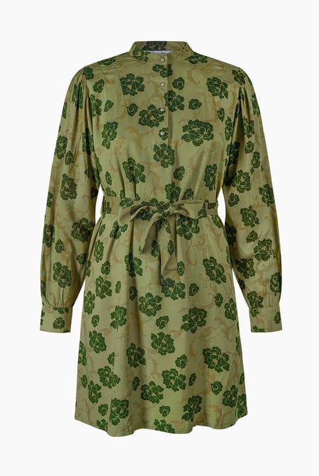 Green High Neck Green Floral Belted Mini Dress