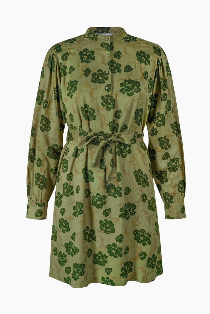 High Neck Green Floral Belted Mini Dress