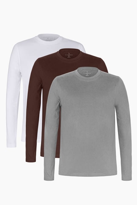 White/Chocolate/Grey Cotton Long Sleeve T-Shirt 3 Pack
