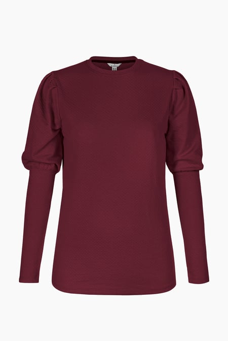 Maroon Long Sleeve Crew Neck Jersey Top With Puff Sleeve