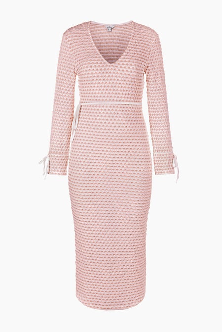 Pink Textured Stretch Jersey Long Sleeve Midi Dress