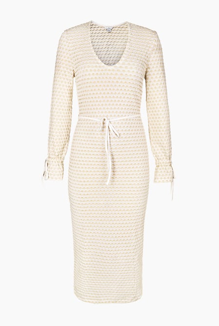 Cream Textured Stretch Jersey Long Sleeve Midi Dress
