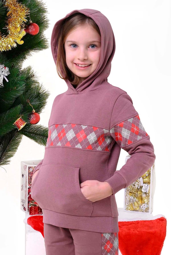 Girls Dusty Mauve Argyle Christmas Hoodie (12/18mths-7yrs)