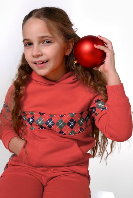 Girls Dusty Mauve Argyle Christmas Hoodie (12/18mths-7yrs)