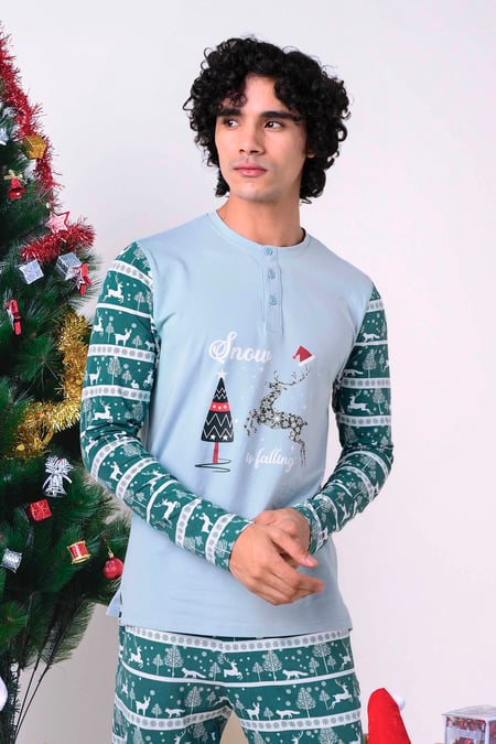 Mens Blue Fair Isle Reindeer Print T-shirt