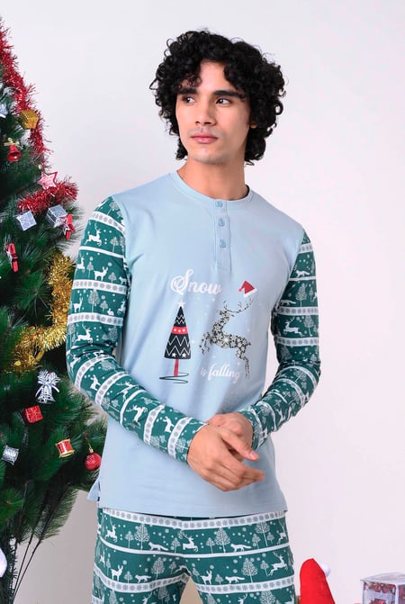 Mens Aqua Fair Isle Reindeer Print T-shirt
