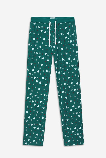 Women's Green Snow Heart Printed Pyjamas