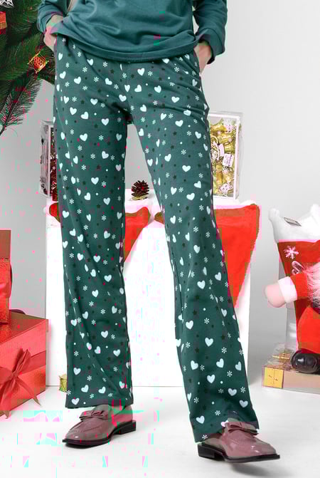 Women's Green Snow Heart Printed Pyjamas