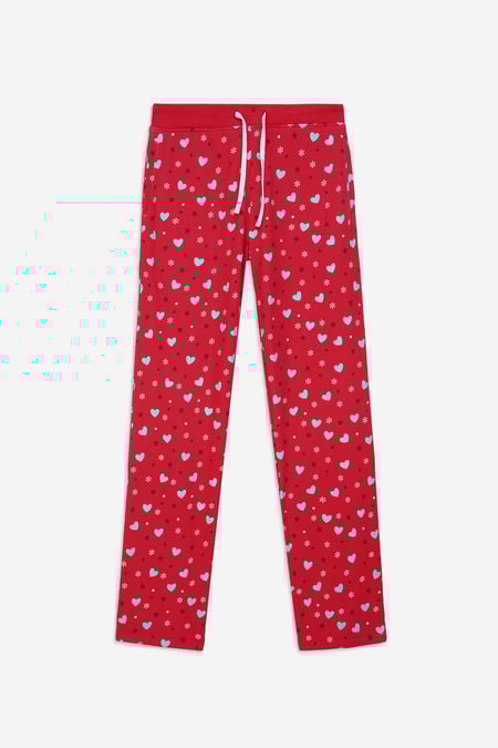 Women's Red Snow Heart Printed Pyjamas