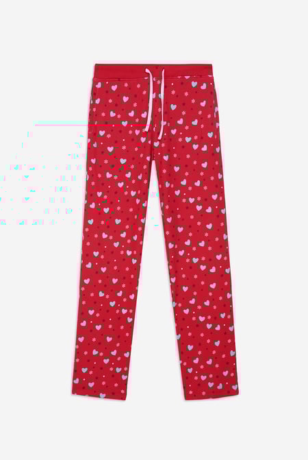 Women's Red Snow Heart Printed Pyjamas