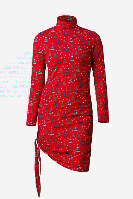 Red Side Tie Knot Christmas Print Bodycon Dress