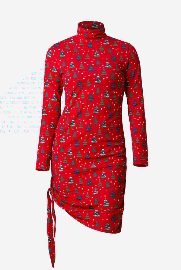 Red Side Tie Knot Christmas Print Bodycon Dress