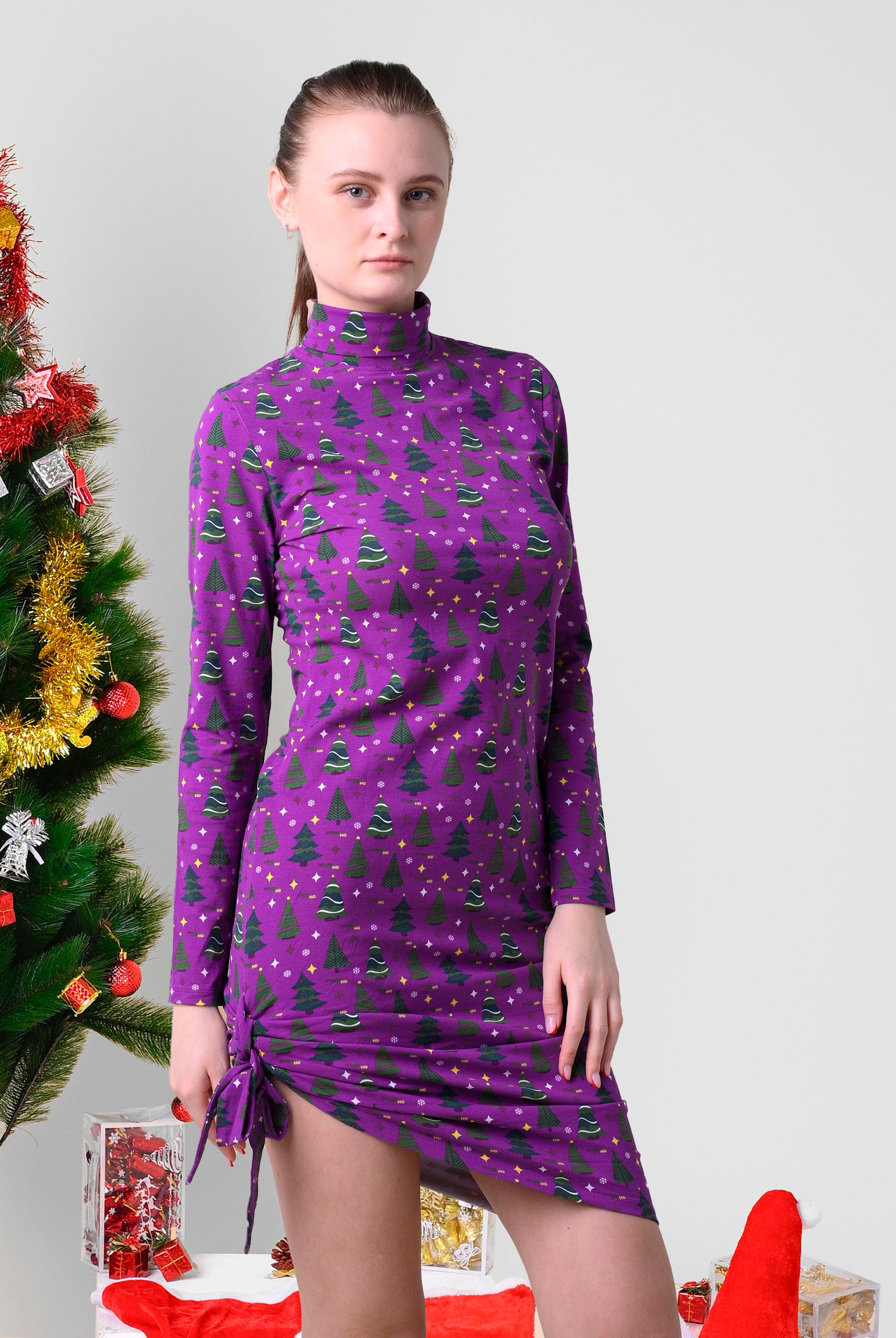 Side Tie Knot Christmas Print Bodycon Dress