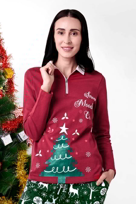 Womens Red Festive Half Zip Top