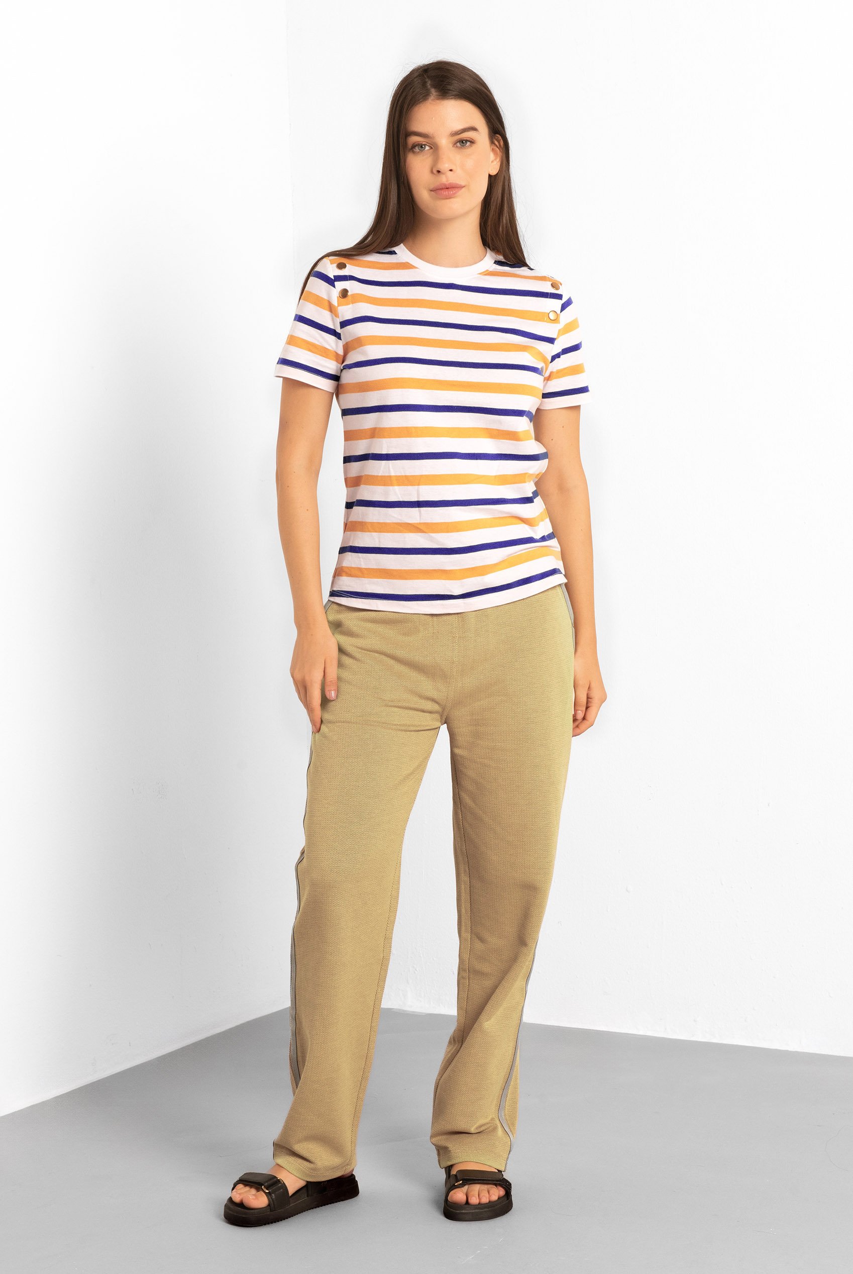 Womens Button Details Stripe T-Shirt