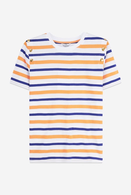 Womens Yellow & Blue Stripe Button Details Stripe T-Shirt