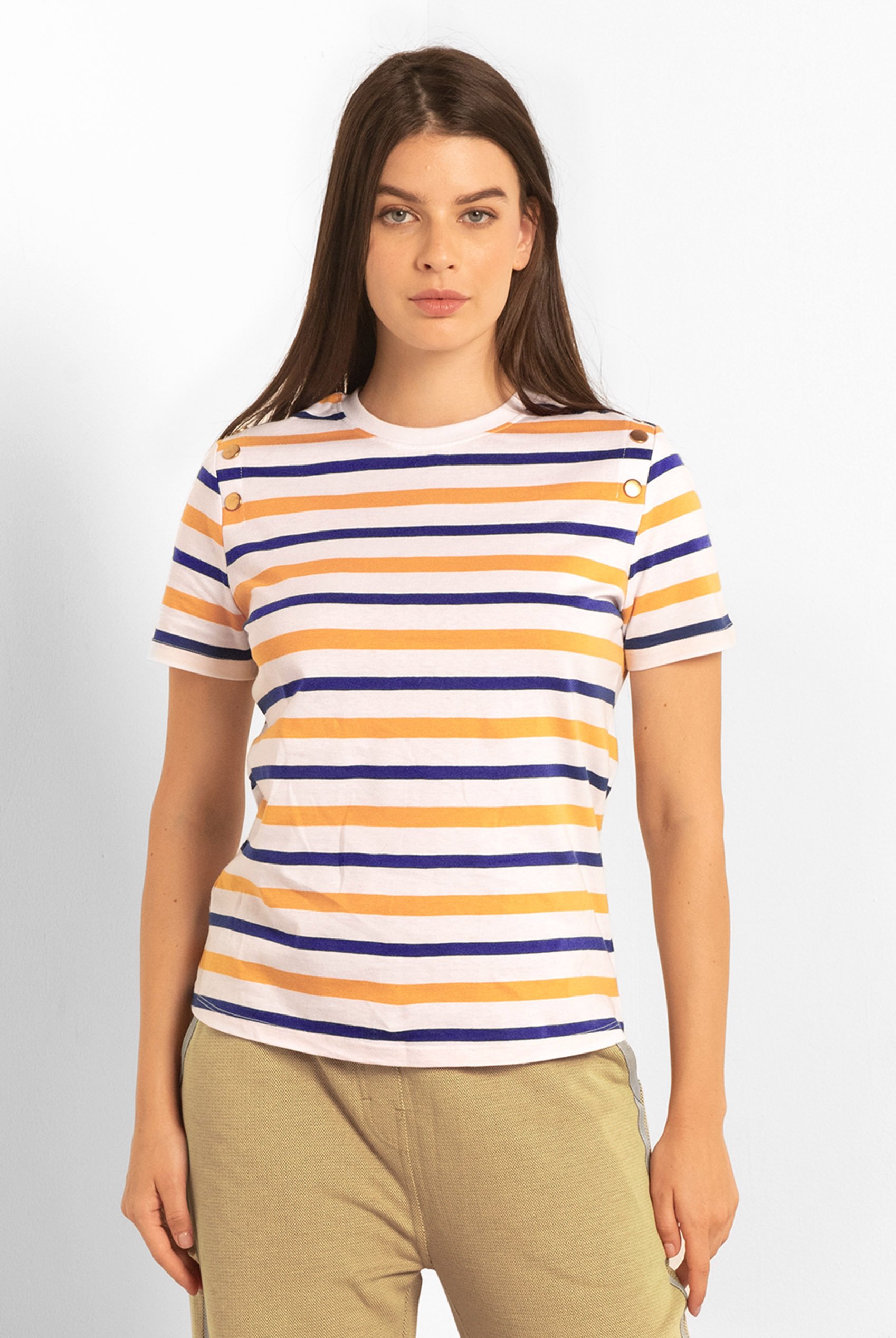Womens Button Details Stripe T-Shirt