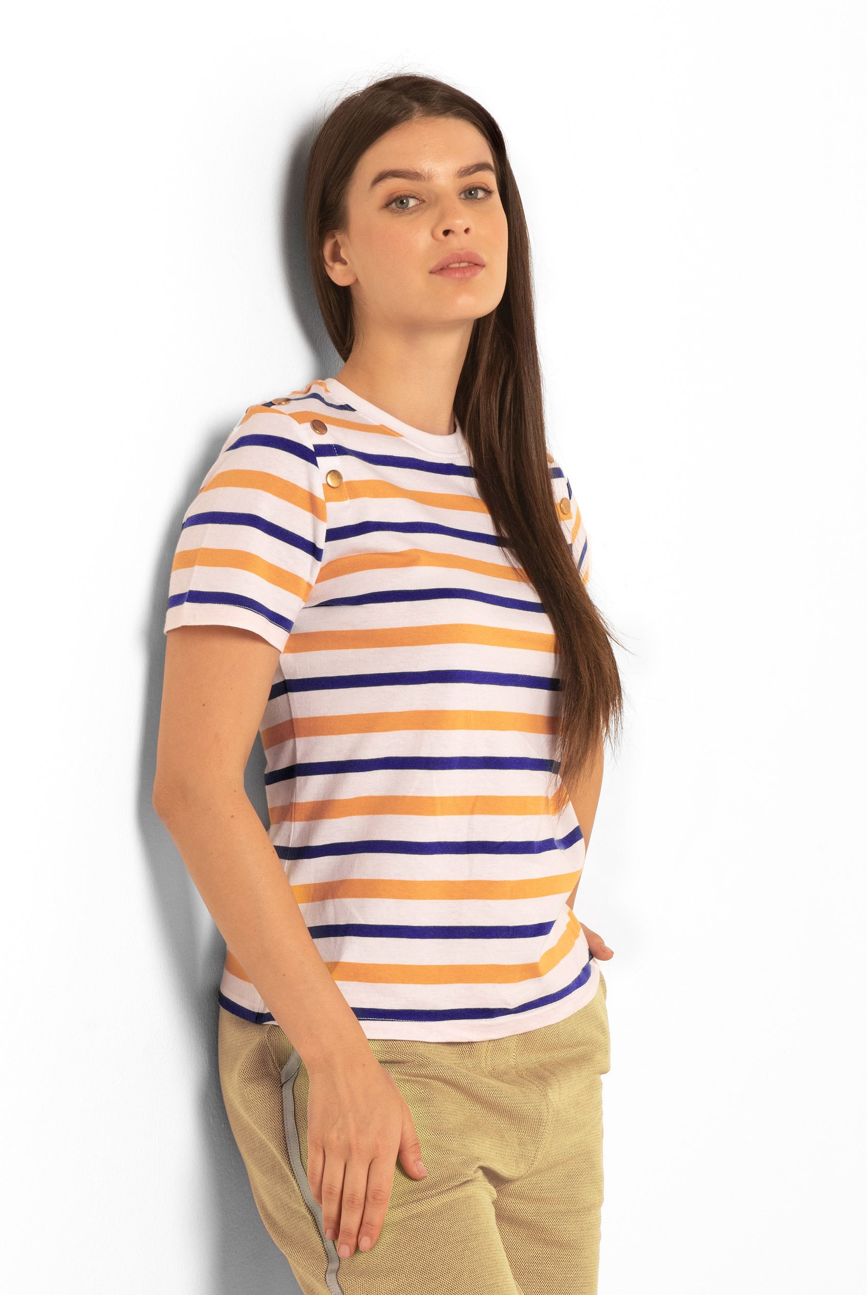 Womens Button Details Stripe T-Shirt