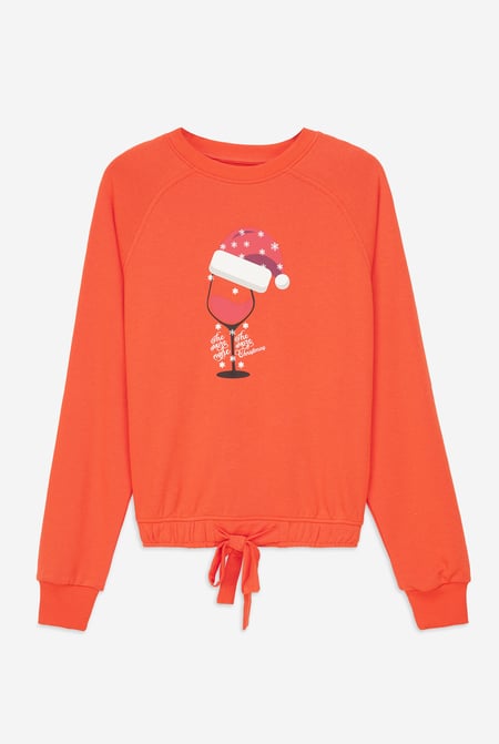 Women’s Orange Santa Hat Tie-Front Christmas Pullover