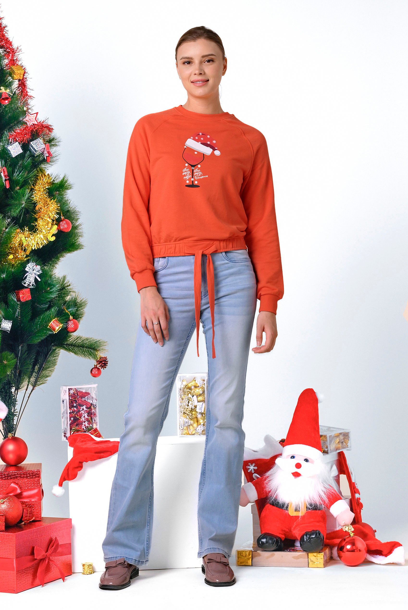 Women’s Santa Hat Tie-Front Christmas Pullover