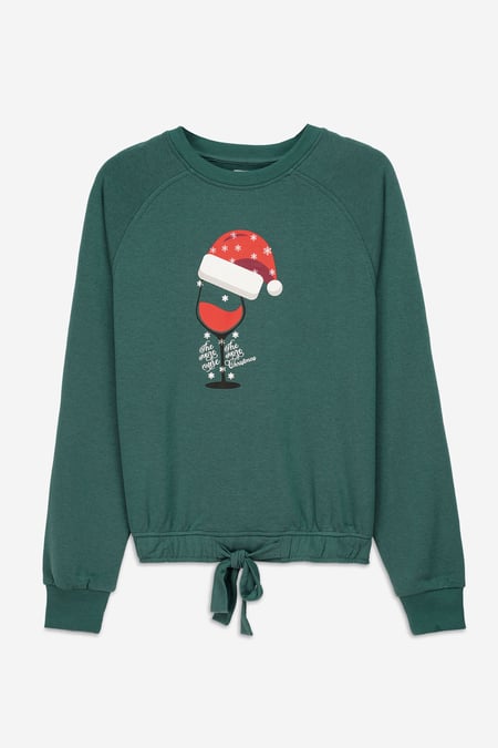 Women’s Santa Green Hat Tie-Front Christmas Pullover