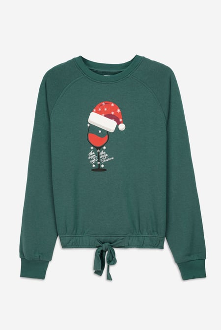 Women’s Santa Green Hat Tie-Front Christmas Pullover