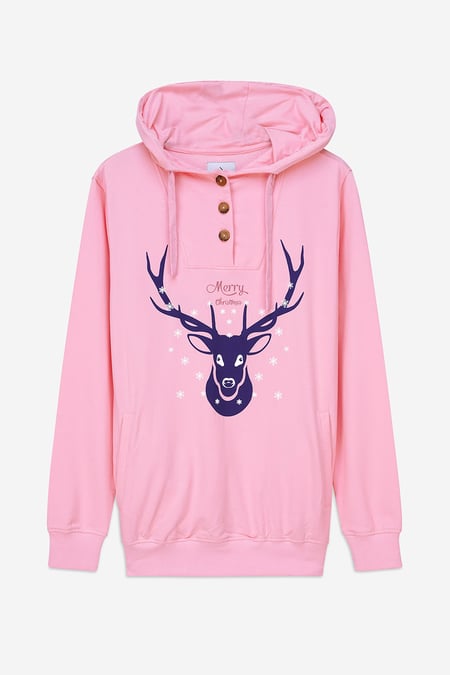 Womens Festive Reindeer Pink Hoodie