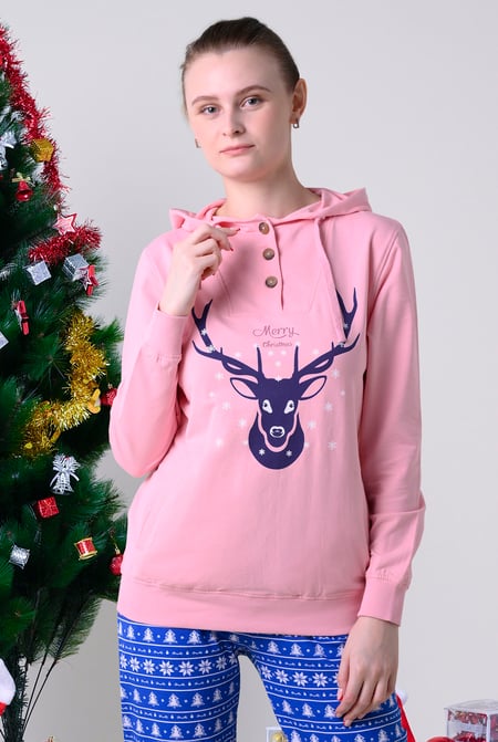 Womens Festive Reindeer Pink Hoodie