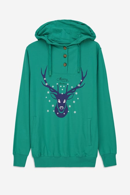 Womens Festive Reindeer Green Hoodie