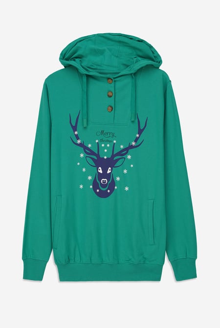 Womens Festive Reindeer Green Hoodie