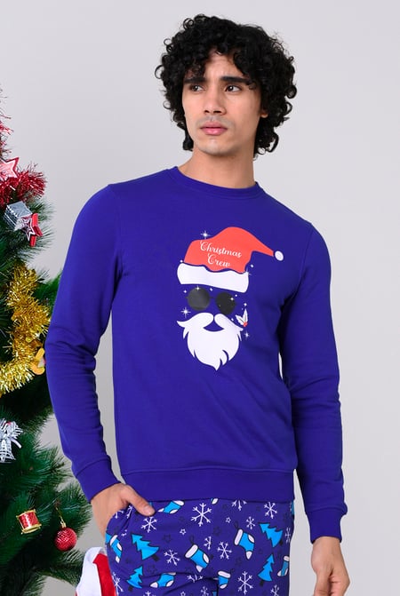 Mens Christmas Santa Print Blue Sweatshirt