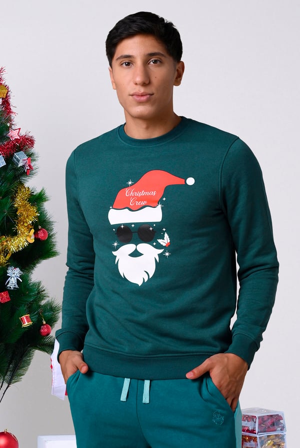 Mens Christmas Santa Print Teal Sweatshirt