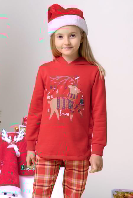 Girls Red Reindeer Print Christmas Hoodie (2yrs-9yrs)