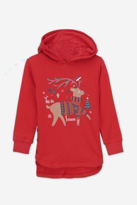 Girls Red Reindeer Print Christmas Hoodie (2yrs-9yrs)