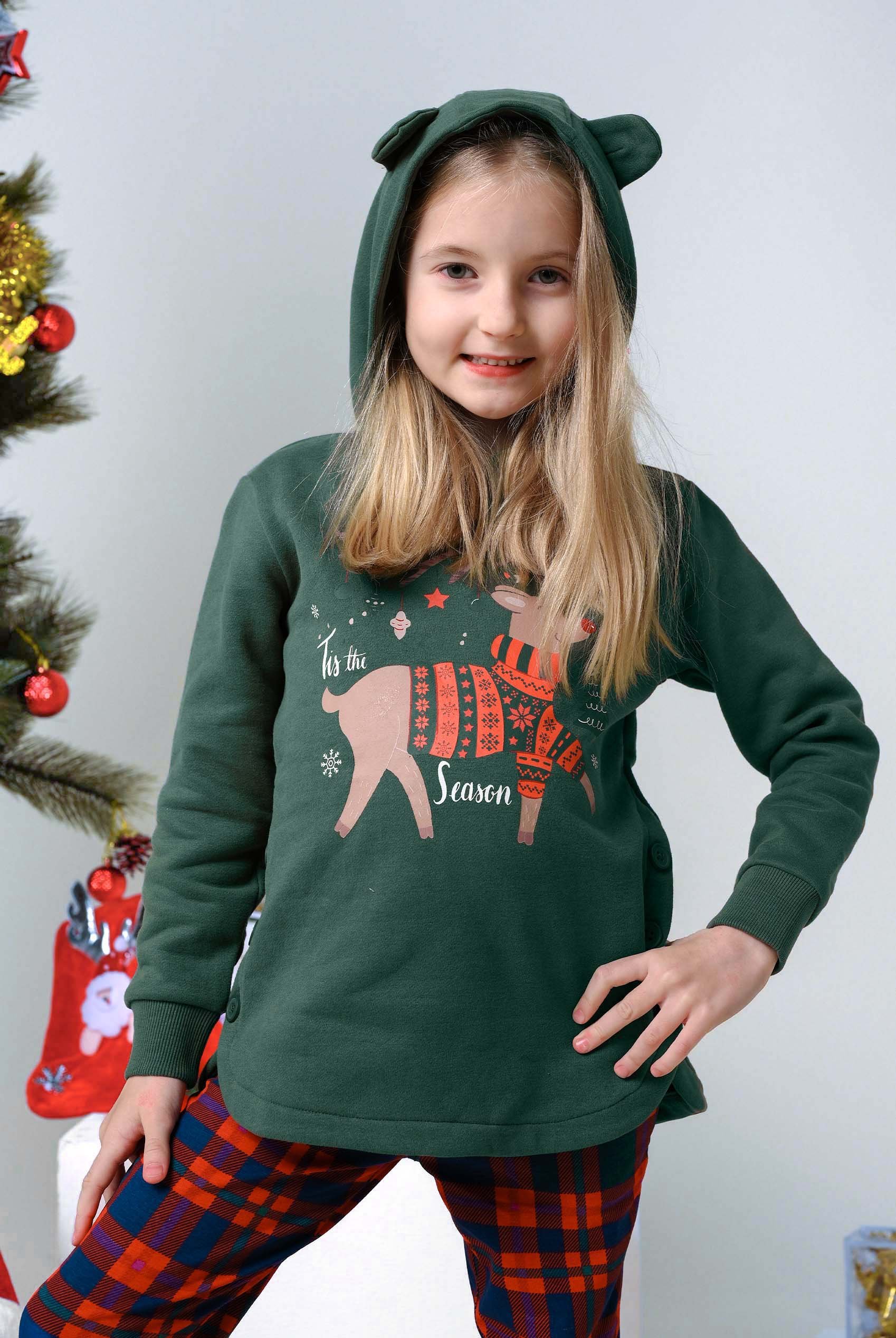 Girls Reindeer Print Christmas Hoodie (2yrs-9yrs)