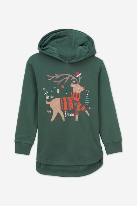 Girls Green Reindeer Print Christmas Hoodie (2yrs-9yrs)