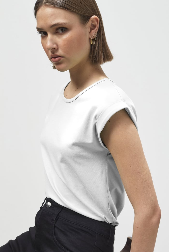 Shoulder Padded Cap-Sleeve Roll-Up T-Shirt