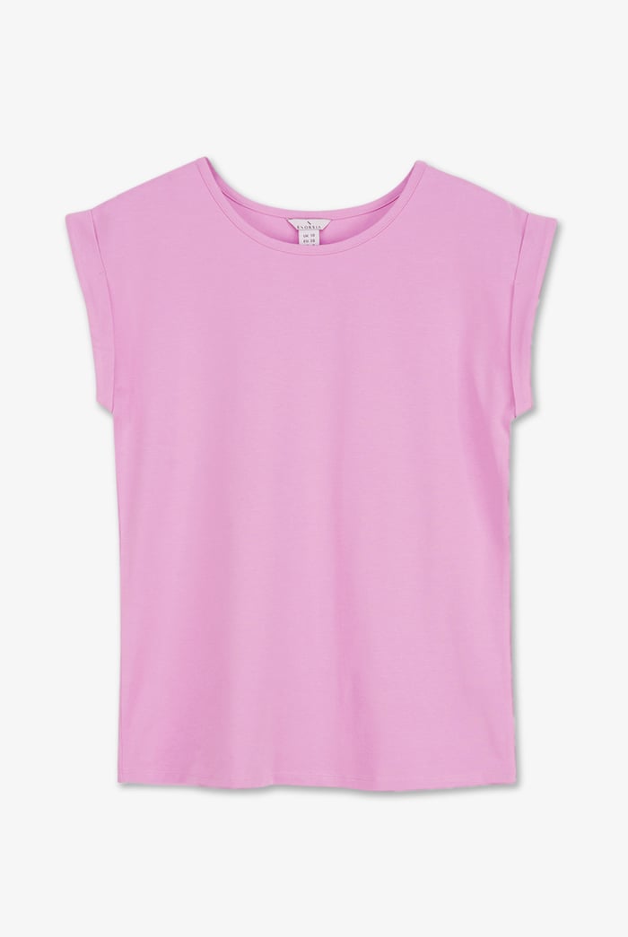Shoulder Padded Cap-Sleeve Roll-Up T-Shirt
