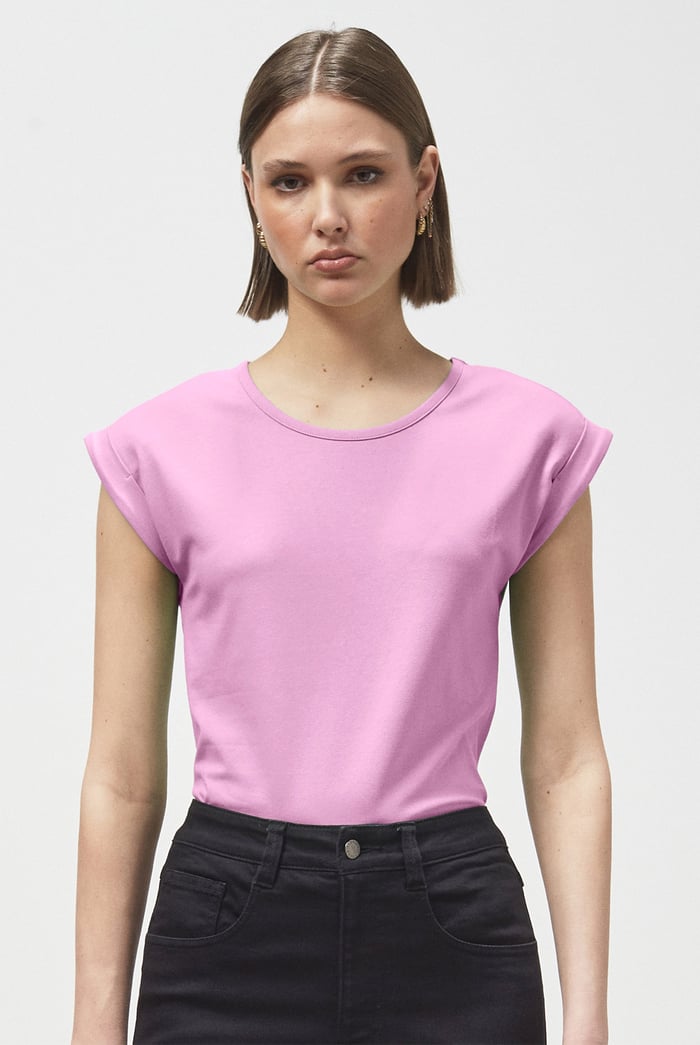 Shoulder Padded Cap-Sleeve Roll-Up T-Shirt