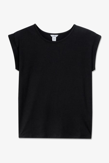 Black Shoulder Padded Cap-Sleeve Roll-Up T-Shirt