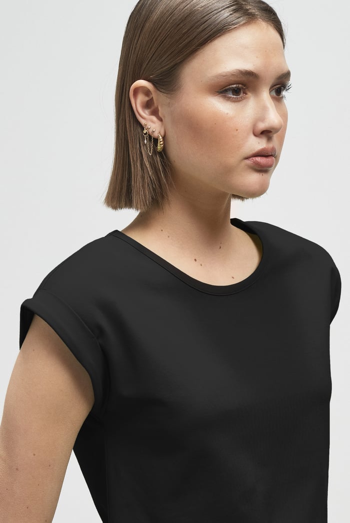 Shoulder Padded Cap-Sleeve Roll-Up T-Shirt