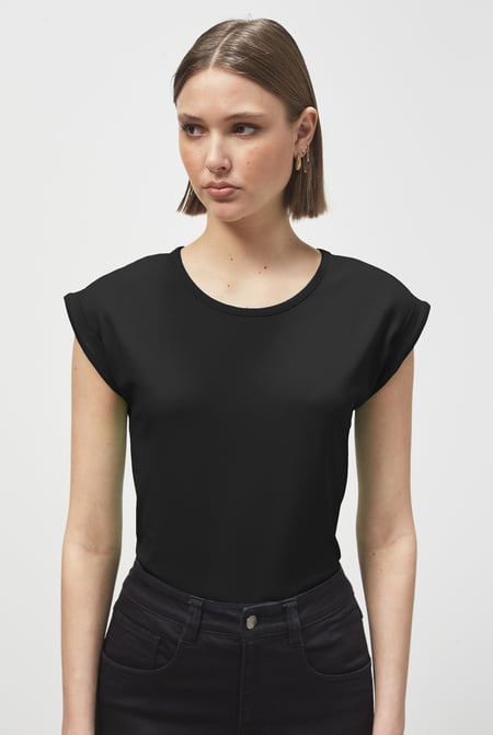 White Shoulder Padded Cap-Sleeve Roll-Up T-Shirt