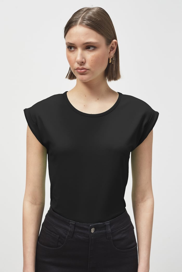 Shoulder Padded Cap-Sleeve Roll-Up T-Shirt