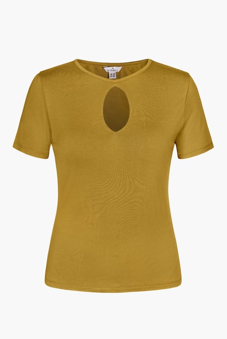 Yellow Key Hole Detail Short Sleeve Viscose Top