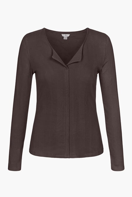 Brown Scoop Neckline Long Sleeve Ribbed Top