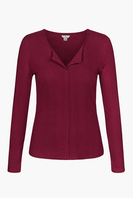 Red Scoop Neckline Long Sleeve Ribbed Top